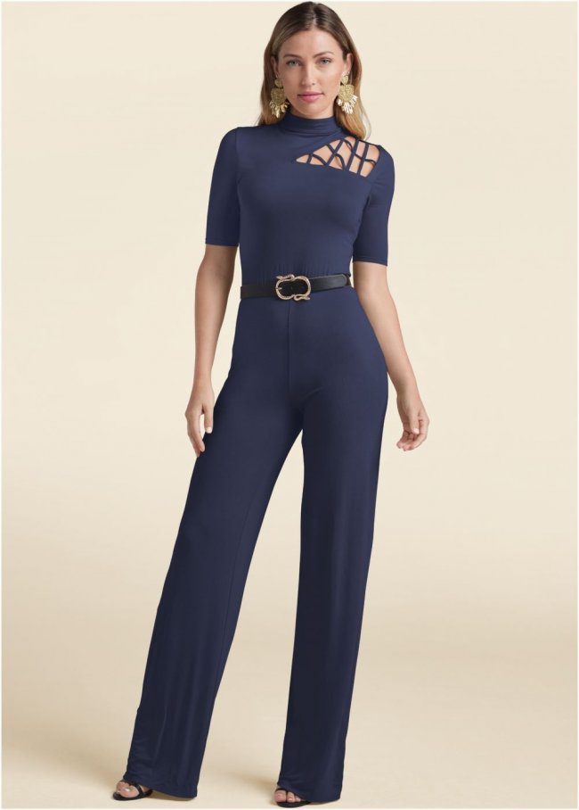 Venus Plus Size Strappy Mock-Neck Jumpsuit in Navy Venus Plus Size Strappy Mock-Neck Jumpsuit in Navy