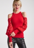 Venus Plus Size Cold-Shoulder Lace Sweater in Red Venus Plus Size Cold-Shoulder Lace Sweater in Red