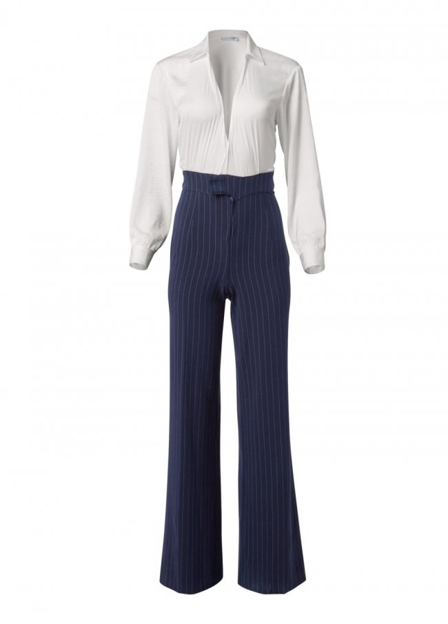 Venus Plus Size Pinstripe Wide Leg Jumpsuit in Navy & White Venus Plus Size Pinstripe Wide Leg Jumpsuit in Navy & White