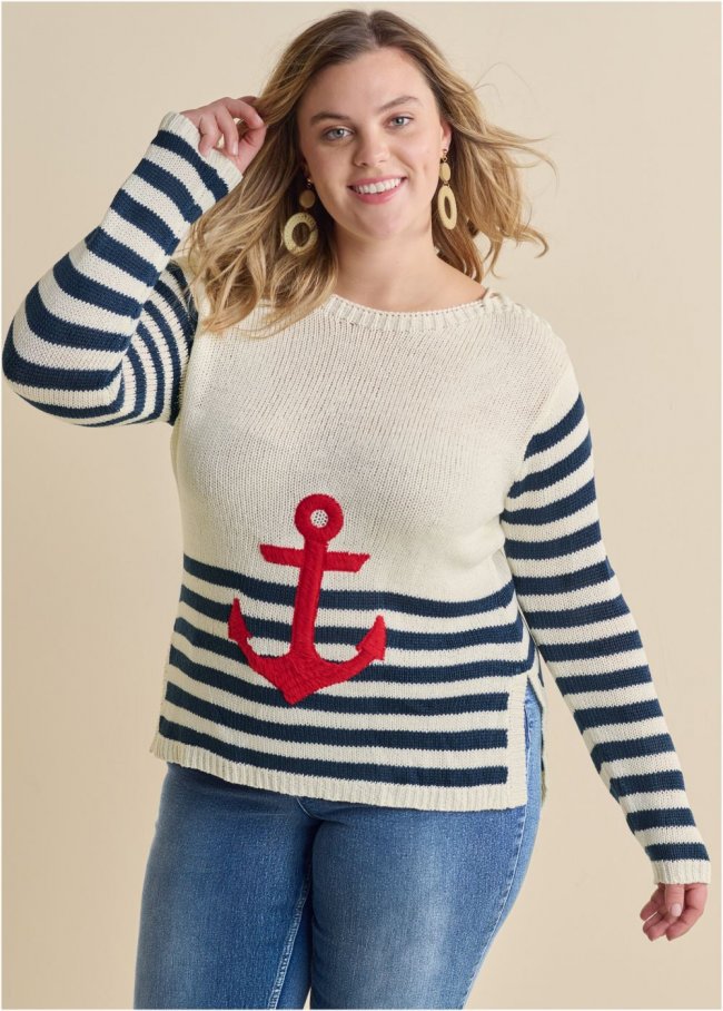 Venus Plus Size Anchor Crew Neck Sweater in White Multi Venus Plus Size Anchor Crew Neck Sweater in White Multi
