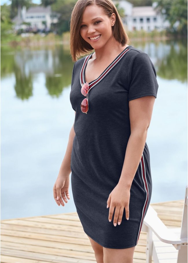 Venus Plus Size Striped Trim Lounge Dress in Navy Venus Plus Size Striped Trim Lounge Dress in Navy