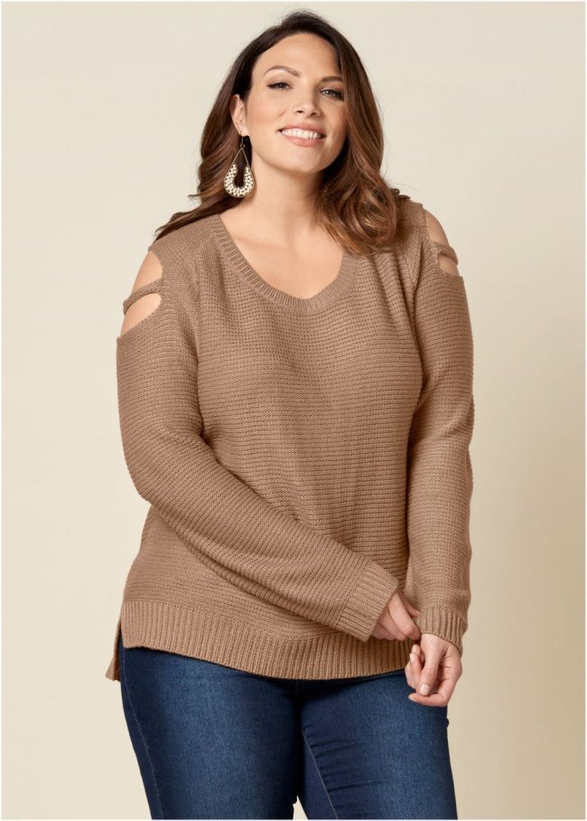 Venus Plus Size Cutout Sleeve Sweater in Light Brown Venus Plus Size Cutout Sleeve Sweater in Light Brown