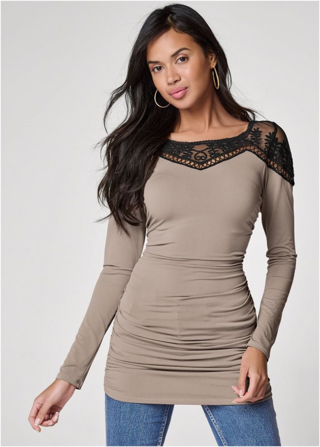 Venus Beige Multi LACE NECKLINE RUCHED TOP Venus Beige Multi LACE NECKLINE RUCHED TOP