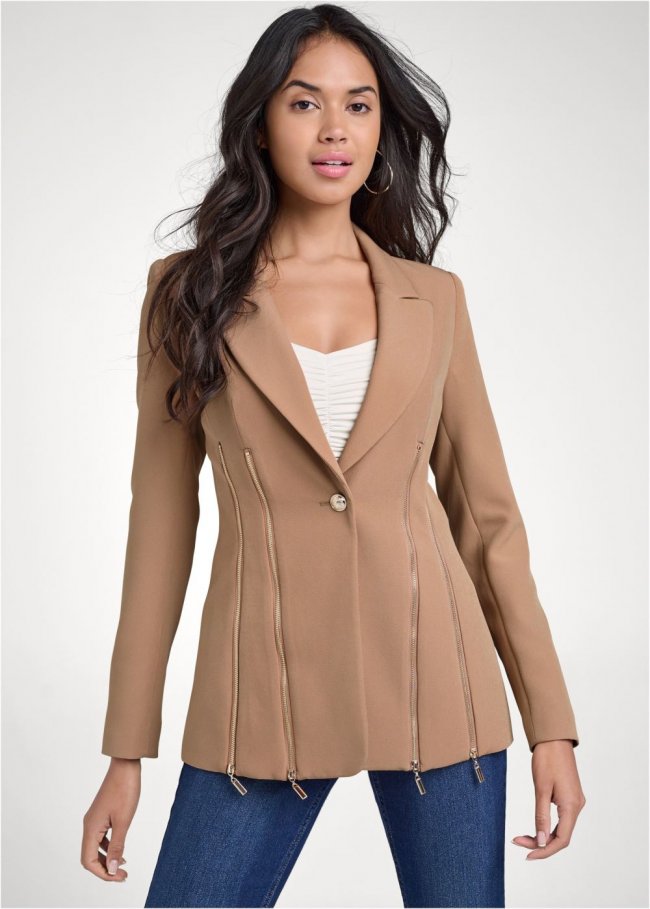 Venus Camel Zipper Detail Buttoned Blazer Venus Camel Zipper Detail Buttoned Blazer