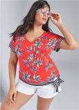 Venus Plus Size Tie Detail Printed Top Venus Plus Size Tie Detail Printed Top