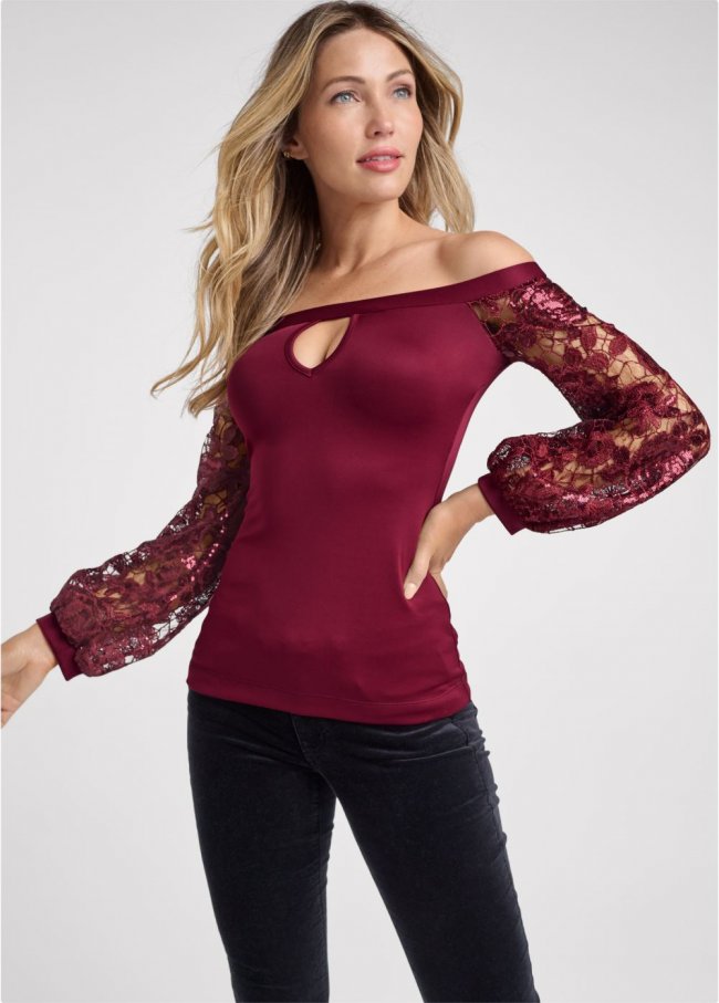 Venus Plus Size Embellished Lace Sleeve Top Venus Plus Size Embellished Lace Sleeve Top