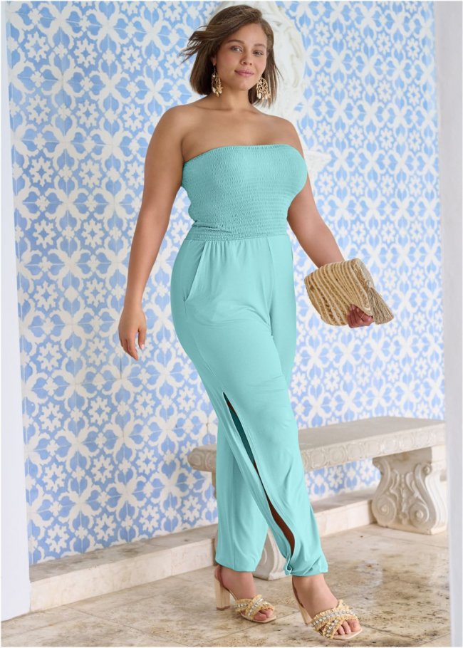Venus Plus Size Smocked Side Slit Jumpsuit in Mint Venus Plus Size Smocked Side Slit Jumpsuit in Mint