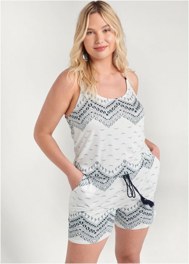 Venus Plus Size Print Casual Romper in White Multi Venus Plus Size Print Casual Romper in White Multi