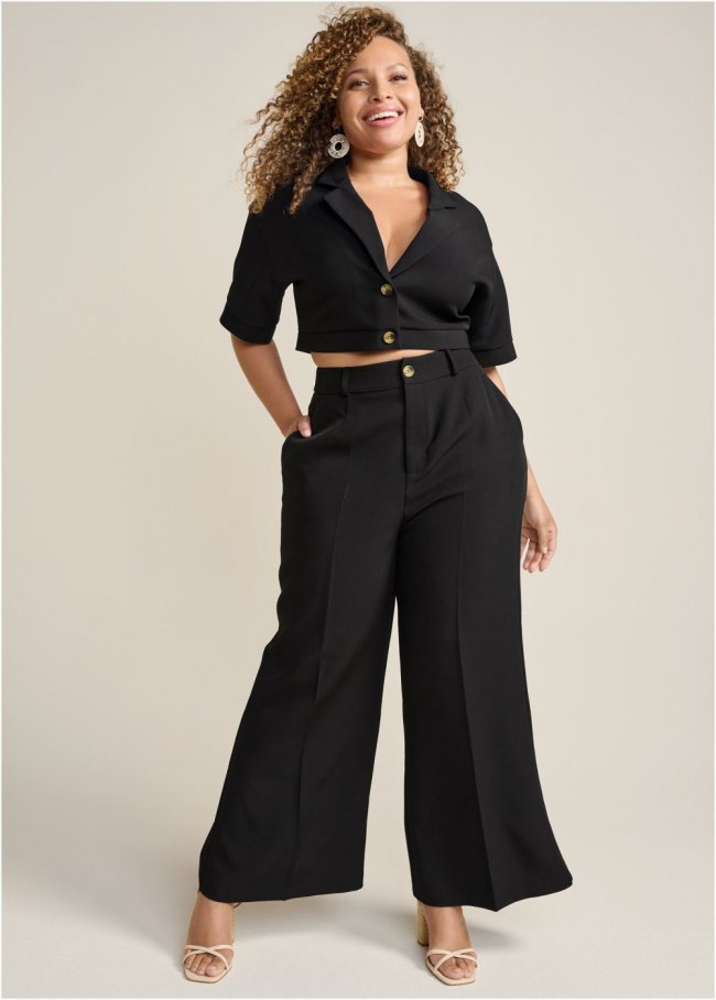 Venus Plus Size Flare Leg Suiting Set in Black Venus Plus Size Flare Leg Suiting Set in Black