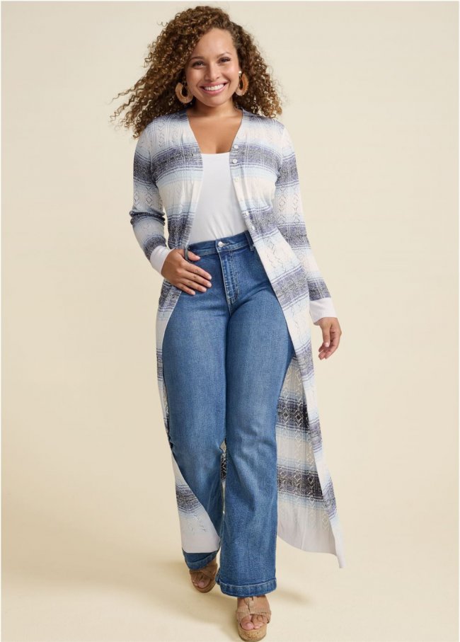 Venus Plus Size Ombre Striped Duster in White Multi Venus Plus Size Ombre Striped Duster in White Multi