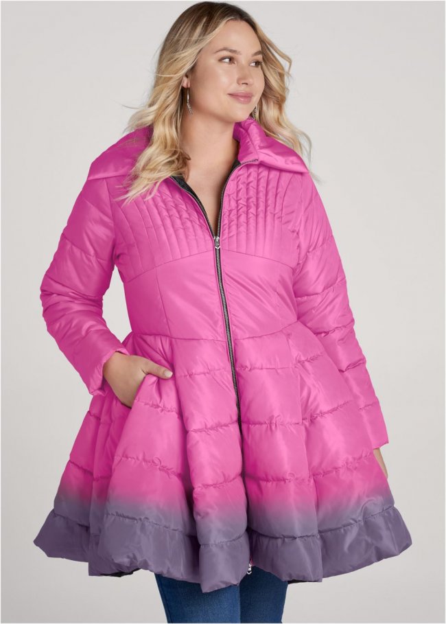 Venus Ombre Peplum Puffer Coat in Pink Multi Venus Ombre Peplum Puffer Coat in Pink Multi