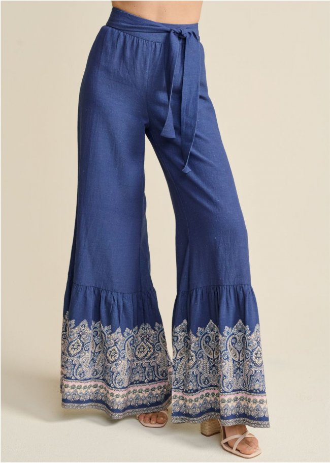 Venus Plus Size Linen Border Print Pants in Navy Multi Venus Plus Size Linen Border Print Pants in Navy Multi