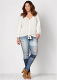 Venus Plus Size Distressed Patchwork Jeans in Medium Wash Venus Plus Size Distressed Patchwork Jeans in Medium Wash