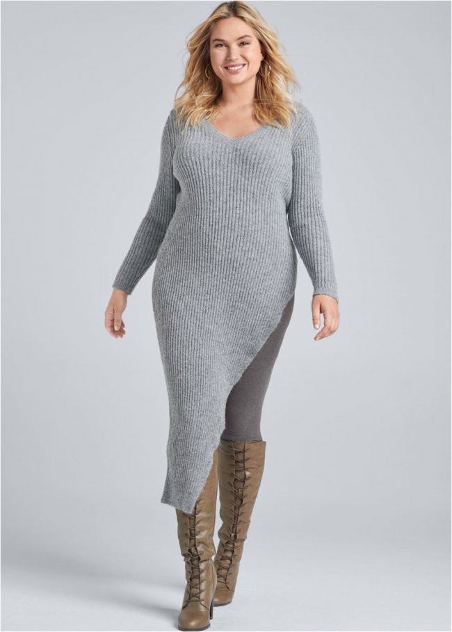 Venus Plus Size Asymmetrical Maxi Sweater in Heather Grey Venus Plus Size Asymmetrical Maxi Sweater in Heather Grey