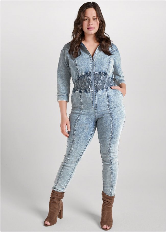 Venus Plus Size Acid Wash Smocked Jumpsuit in Cool Wash Venus Plus Size Acid Wash Smocked Jumpsuit in Cool Wash
