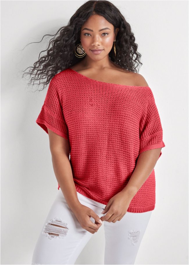 Venus Plus Size Open Knit Sweater in Coral Venus Plus Size Open Knit Sweater in Coral