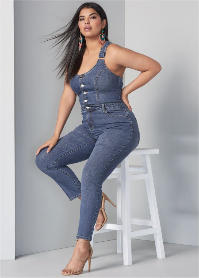 Venus Plus Size Denim Overalls in Medium Wash Venus Plus Size Denim Overalls in Medium Wash