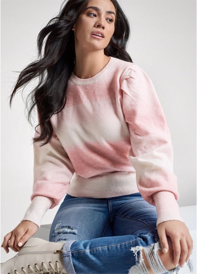 Venus Plus Size Ombre Balloon Sleeve Sweater in Pink Multi Venus Plus Size Ombre Balloon Sleeve Sweater in Pink Multi