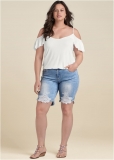 Venus Plus Size Lace Trim Bermuda Shorts - Medium Wash Venus Plus Size Lace Trim Bermuda Shorts - Medium Wash