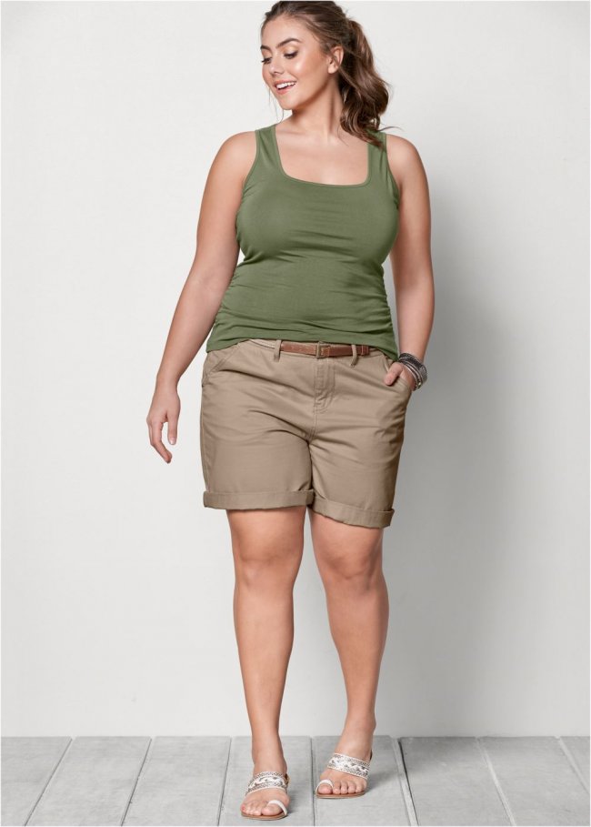Venus Plus Size Belted Cuffed Shorts - Khaki Venus Plus Size Belted Cuffed Shorts - Khaki