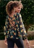 Venus Plus Size Blooming Roses Lace-Up Blouse Venus Plus Size Blooming Roses Lace-Up Blouse