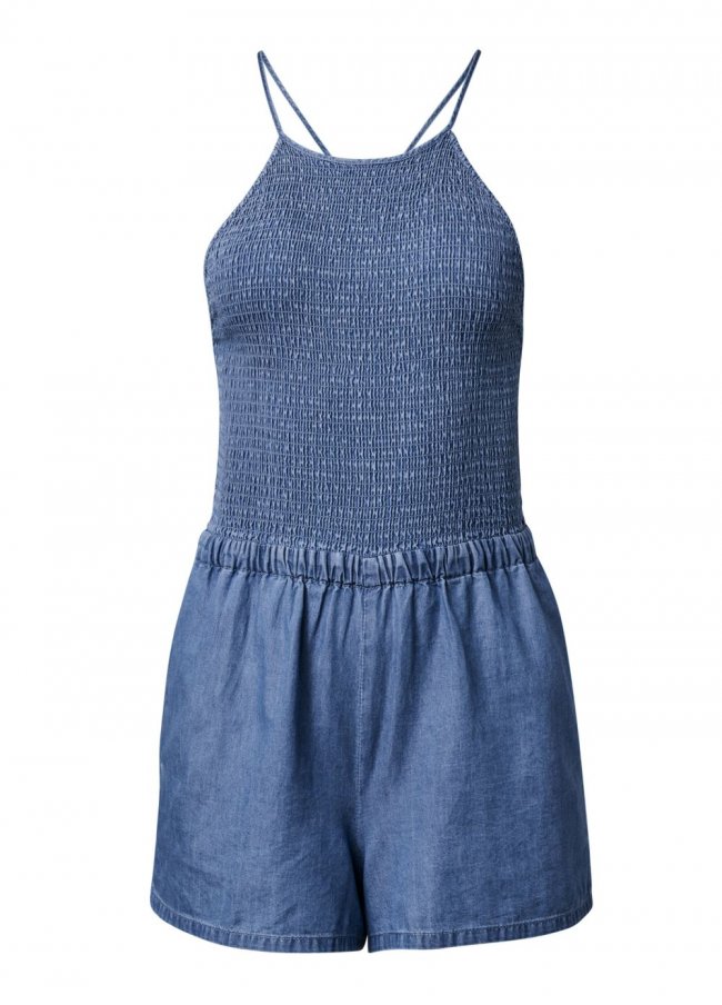 Venus Plus Size Smocked Chambray Romper in Medium Wash Venus Plus Size Smocked Chambray Romper in Medium Wash
