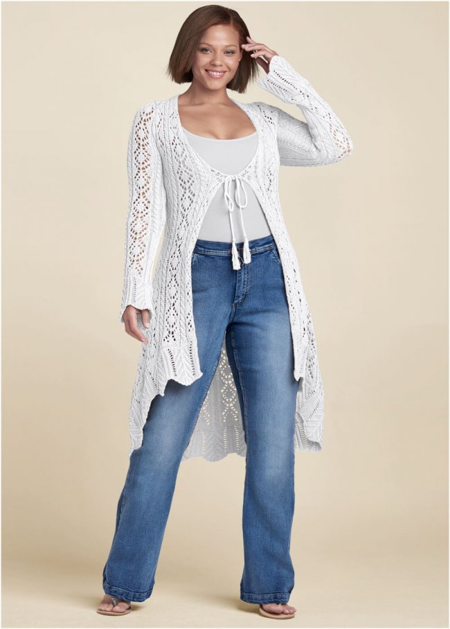 Venus Plus Size Long Crochet Cardigan in White Venus Plus Size Long Crochet Cardigan in White