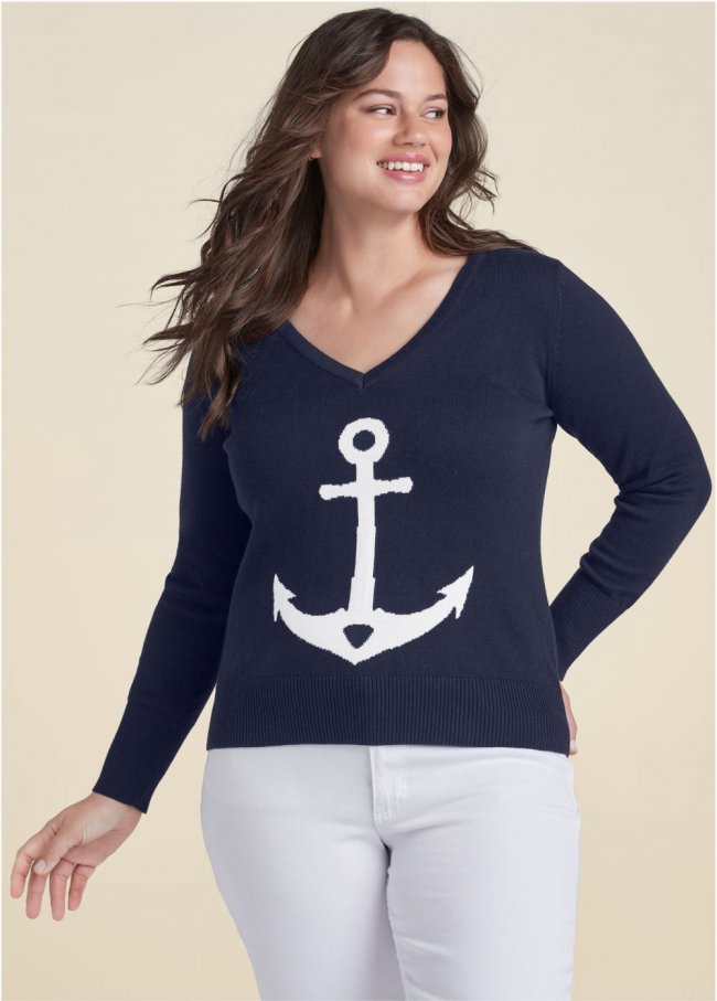 Venus Plus Size Anchor V-Neck Sweater in Navy & White Venus Plus Size Anchor V-Neck Sweater in Navy & White