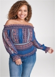 Venus Plus Size Printed Smocked Top Venus Plus Size Printed Smocked Top