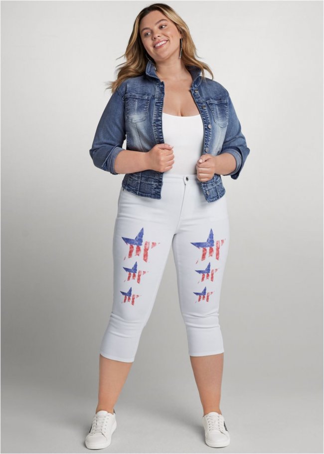 Venus Plus Size Star Spangled Capris in White Multi Venus Plus Size Star Spangled Capris in White Multi