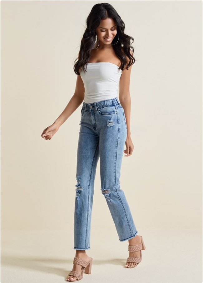 Venus Plus Size Elastic Waist Straight Jeans in Acid Wash Venus Plus Size Elastic Waist Straight Jeans in Acid Wash