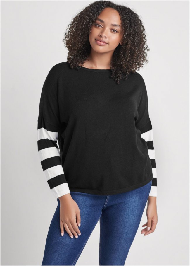 Venus Plus Size Stripe Sleeve Sweater in Black & White Venus Plus Size Stripe Sleeve Sweater in Black & White