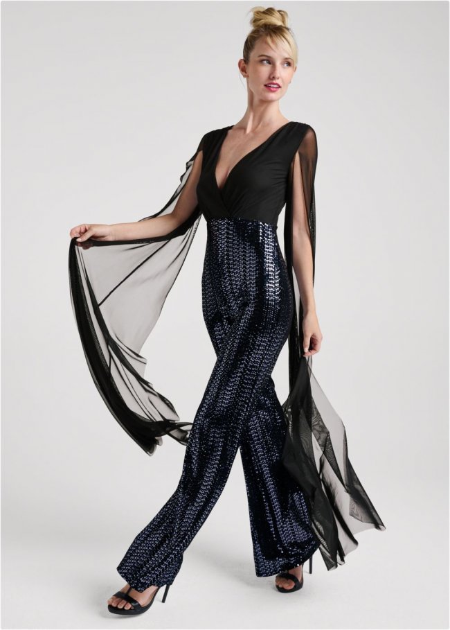 Venus Plus Size Cape Sleeve Sequin Jumpsuit in Black Venus Plus Size Cape Sleeve Sequin Jumpsuit in Black