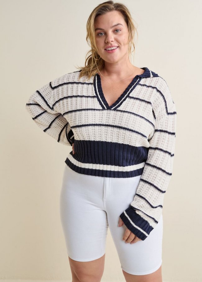 Venus Plus Size Collared V-Neck Sweater in Blue Multi Venus Plus Size Collared V-Neck Sweater in Blue Multi