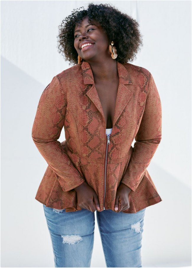 Venus Faux-Suede High-Low Jacket in Tan Multi Venus Faux-Suede High-Low Jacket in Tan Multi