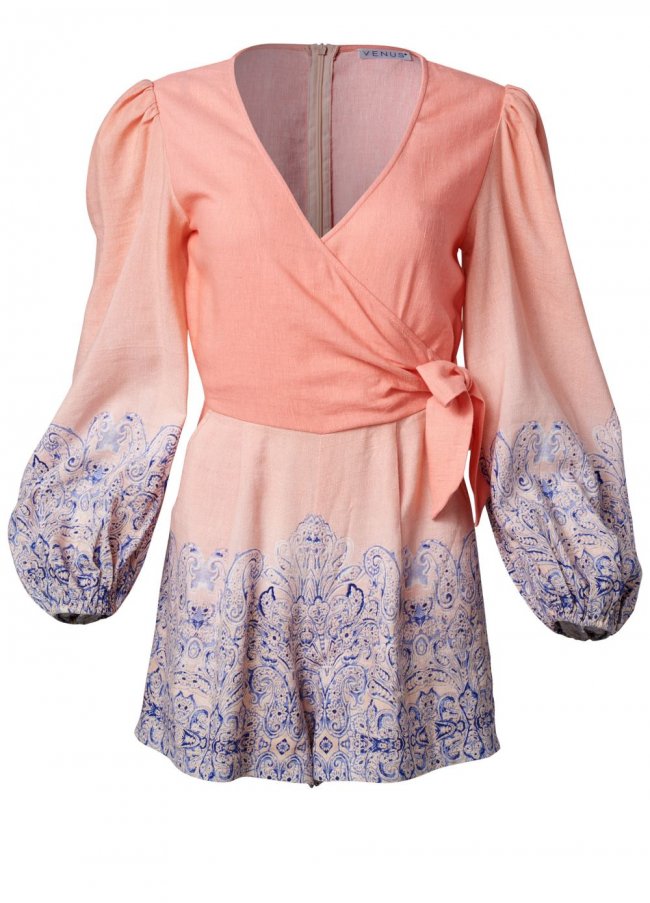 Venus Plus Size Linen Printed Romper in Blush Multi Venus Plus Size Linen Printed Romper in Blush Multi