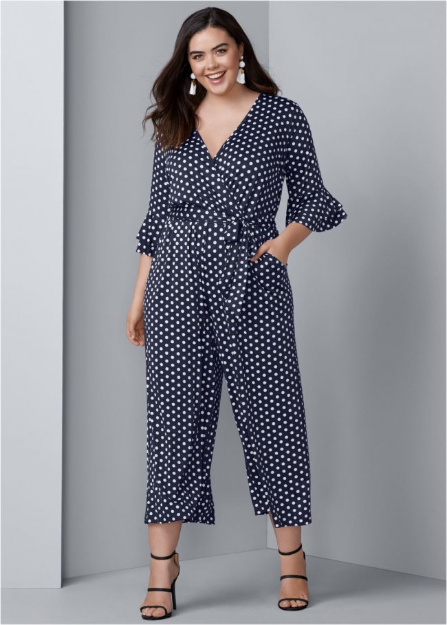 Venus Plus Size Polka Dot Jumpsuit in Navy & White Venus Plus Size Polka Dot Jumpsuit in Navy & White
