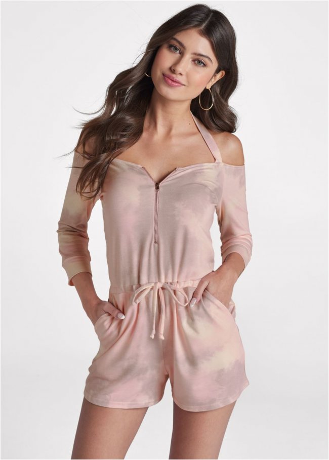 Venus Plus Size Sand Dune Tie-Dye Halter Romper in Blush Multi Venus Plus Size Sand Dune Tie-Dye Halter Romper in Blush Multi