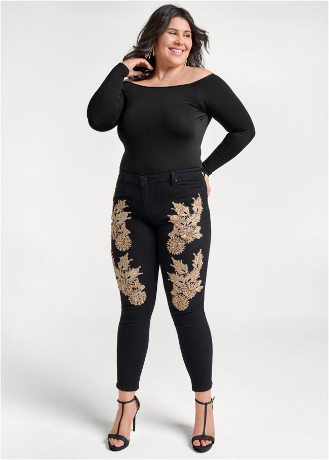 Venus Plus Size Floral Embellished Jeans in Black Multi Venus Plus Size Floral Embellished Jeans in Black Multi