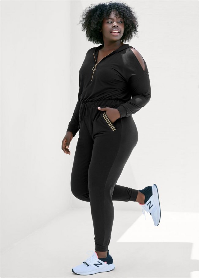 Venus Plus Size Gold Stud Hooded Jumpsuit in Black Venus Plus Size Gold Stud Hooded Jumpsuit in Black