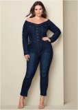 Venus Plus Size Off-The-Shoulder Denim Jumpsuit in Dark Wash Venus Plus Size Off-The-Shoulder Denim Jumpsuit in Dark Wash