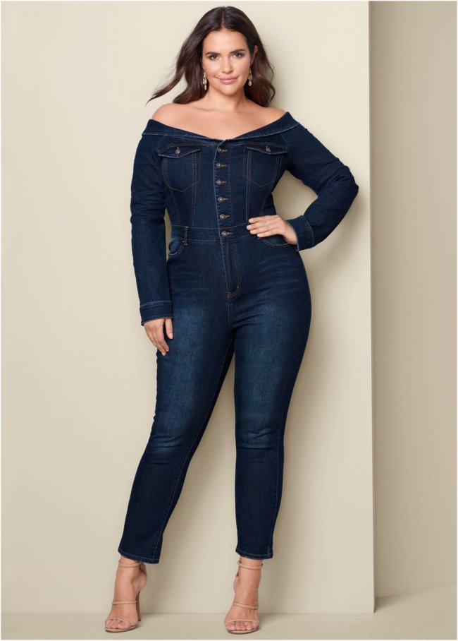 Venus Plus Size Off-The-Shoulder Denim Jumpsuit in Dark Wash Venus Plus Size Off-The-Shoulder Denim Jumpsuit in Dark Wash