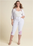 Venus Plus Size Embroidered Trim Capris in White Multi Venus Plus Size Embroidered Trim Capris in White Multi
