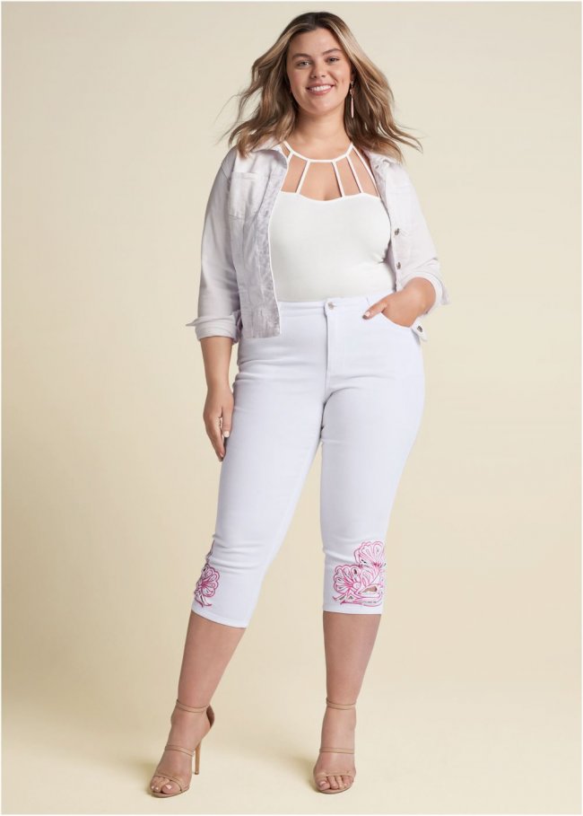 Venus Plus Size Embroidered Trim Capris in White Multi Venus Plus Size Embroidered Trim Capris in White Multi