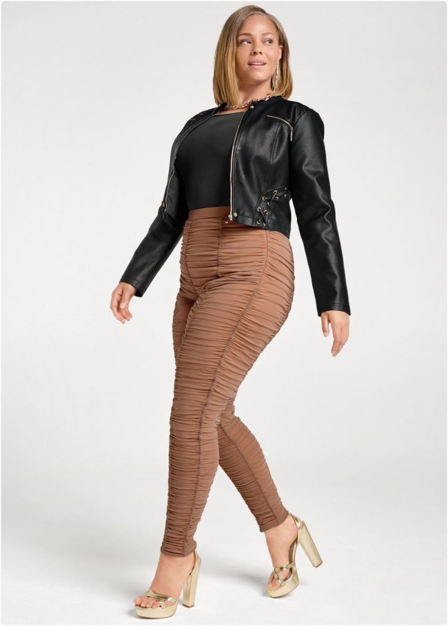 Venus Plus Size High-Waist Ruched Leggings in Tan Venus Plus Size High-Waist Ruched Leggings in Tan