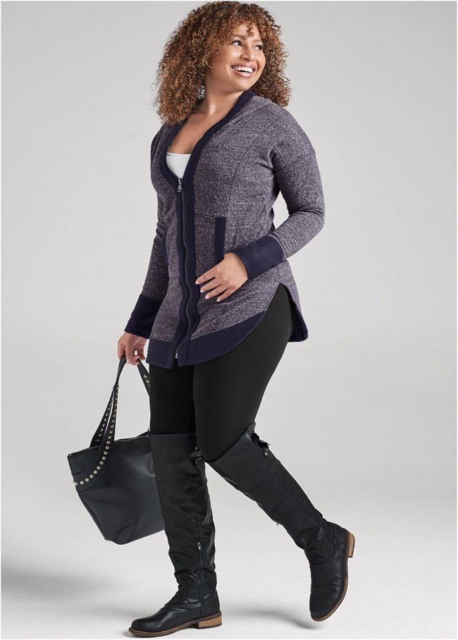 Venus Tunic Length Zip Up Hoodie Jacket in Navy Venus Tunic Length Zip Up Hoodie Jacket in Navy