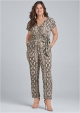 Venus Plus Size Tie-Front Python Jumpsuit in Taupe Multi Venus Plus Size Tie-Front Python Jumpsuit in Taupe Multi