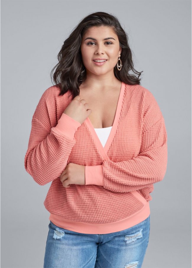 Venus Plus Size Waffle Knit Surplice Lounge Top in Coral Venus Plus Size Waffle Knit Surplice Lounge Top in Coral