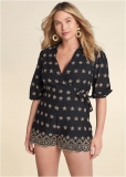 Venus Plus Size Eyelet Wrap Tie Romper in Black & Taupe Venus Plus Size Eyelet Wrap Tie Romper in Black & Taupe