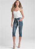 Venus Plus Size Lace-Up Tie Belt Jean Capris in Medium Wash Venus Plus Size Lace-Up Tie Belt Jean Capris in Medium Wash